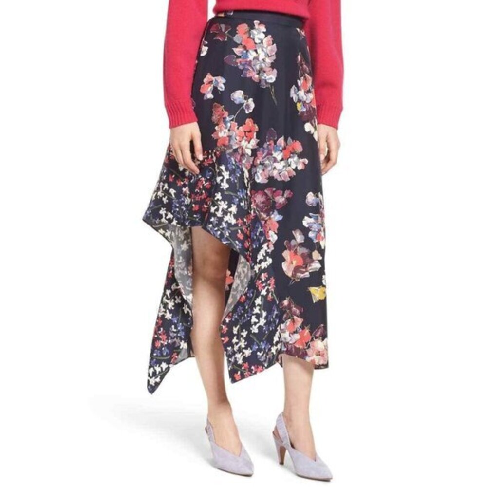 Lewit Skirt Asymmetrical 100%Silk Floral Midi Ruffle Skirt Sz 4 Navy New $299